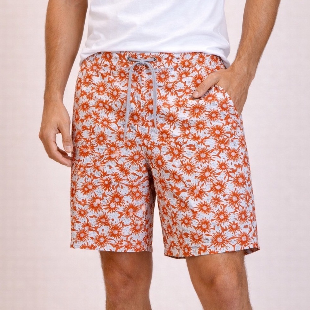 Tommy Jeans Orange Blue Floral Print Board Shorts Drawstring Size Medium